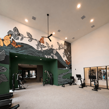 Fitness room with decorative butterfly mural